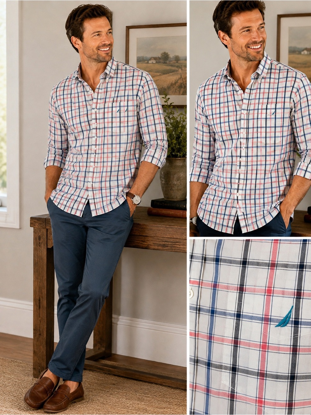 Nautica White Plaid Button-Down Shirt with Blue & Red Windowpane